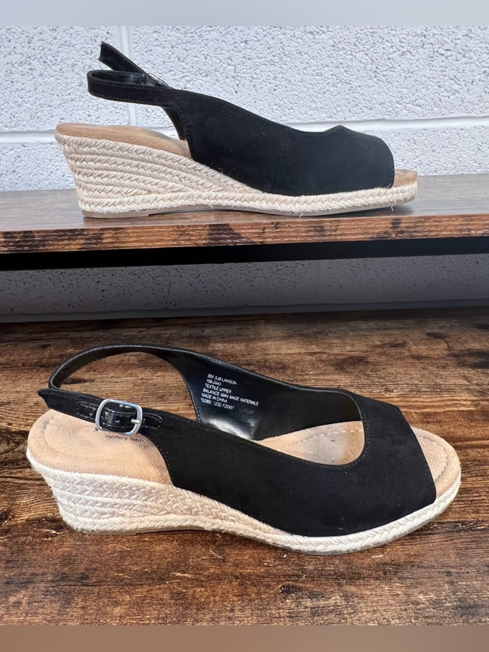 Espadrille Wedge Sandals Black Faux Suede Sling Back St Johns Bay Lawson 8